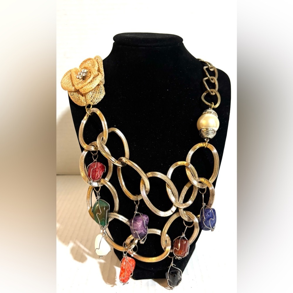 Gold Statement Necklace with Multicolor Stone Drops - handmade